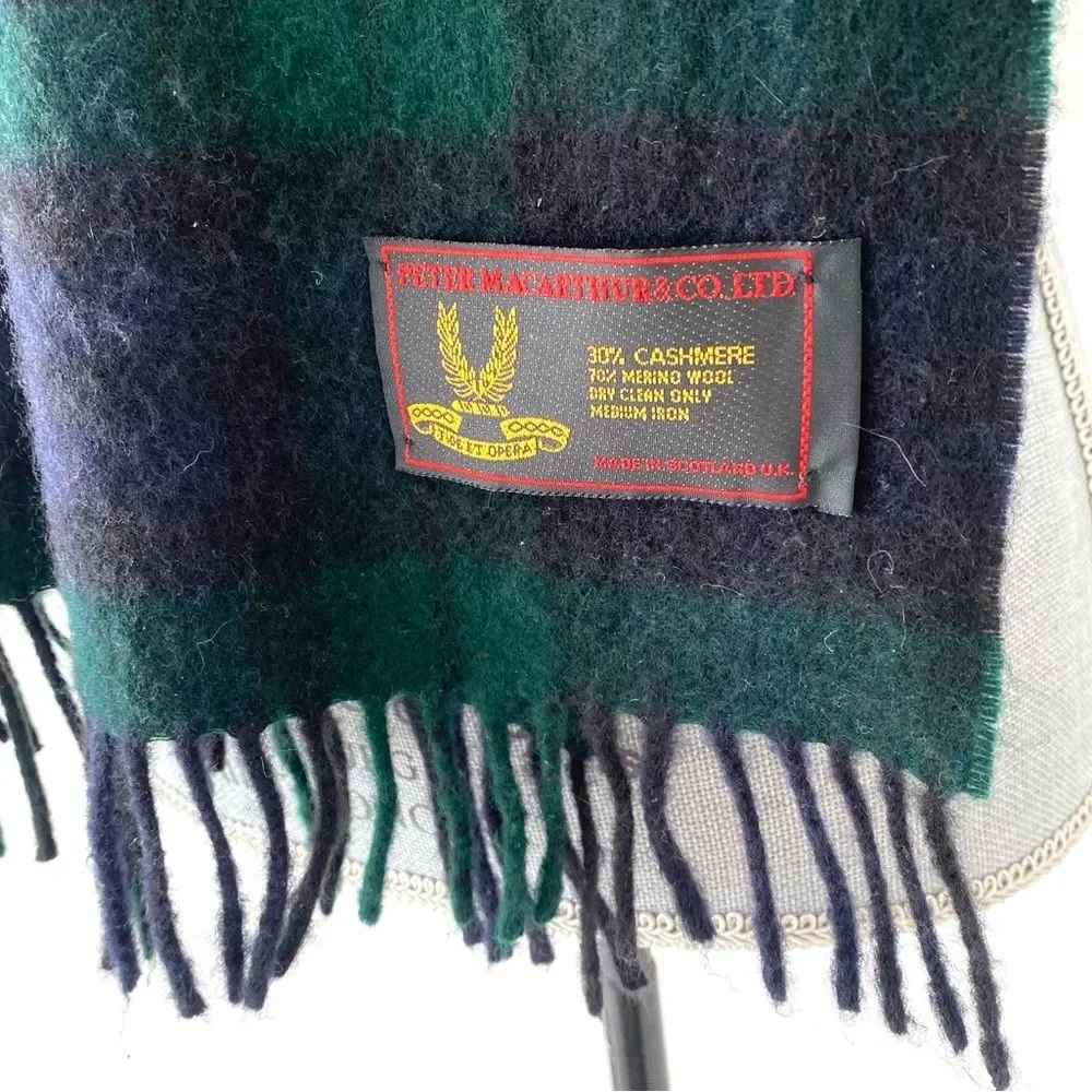 Peter MacArthur & Co. Plaid Tartan Cashmere Wool Scarf Black & Green Preppy Chic